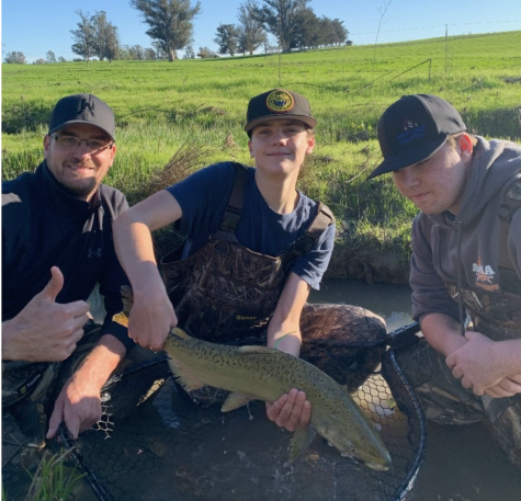 Hatchery teacher Daniel Hubacker releases salmon in the Russian River with Casa Grande seniors Liam Cooke and Dillon Arellanes